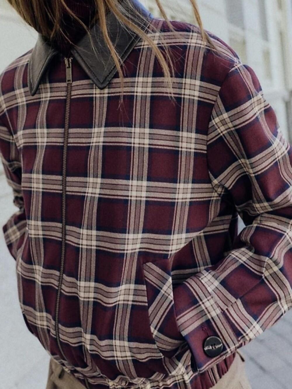 NWT Zara Faux Leather Lapel Collared Plaid Zip-Front Bomber Jacket in Burgundy L